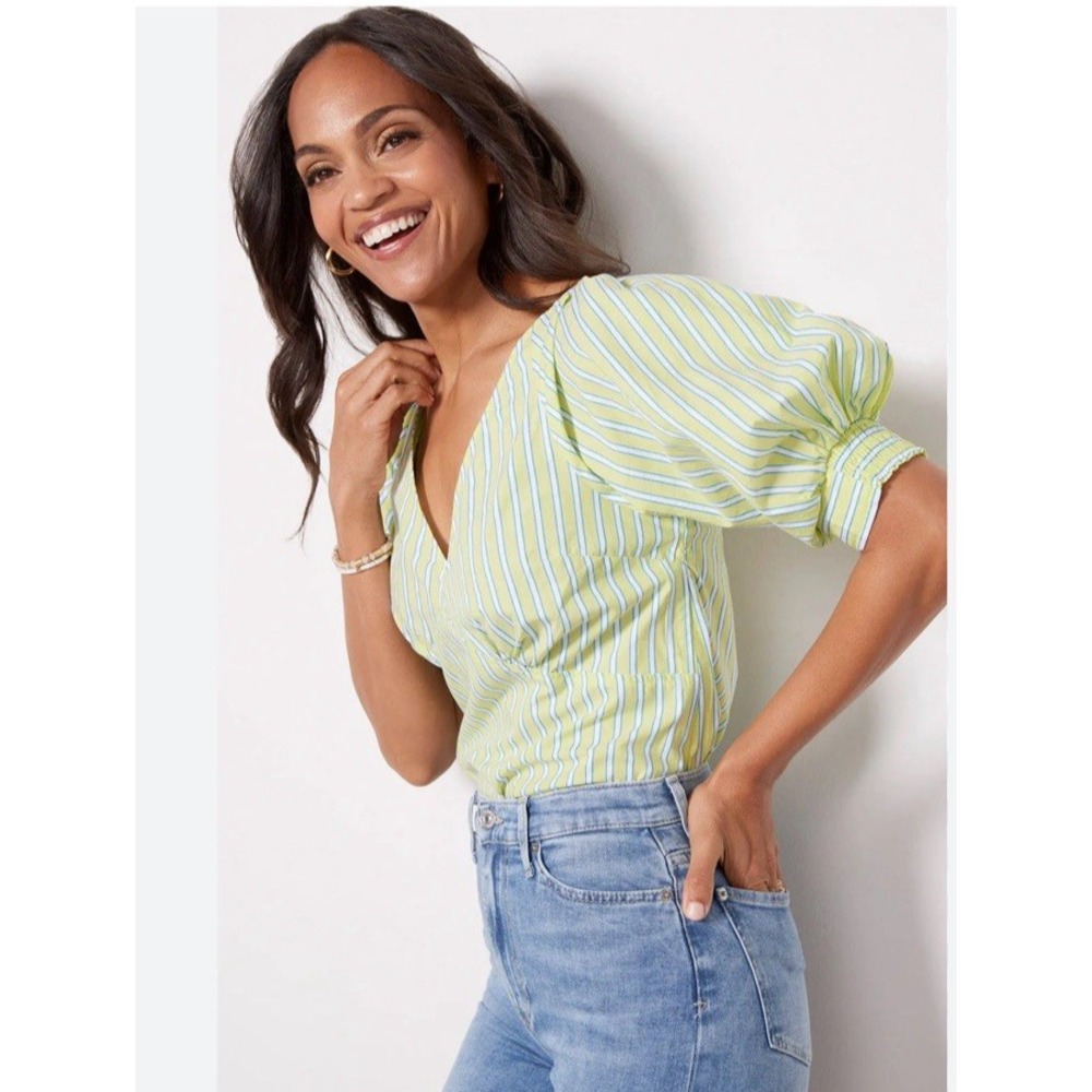Sanctuary Striped Blouse Womens Size Small Cotton Puff Sleeves V-Neck Green Blue